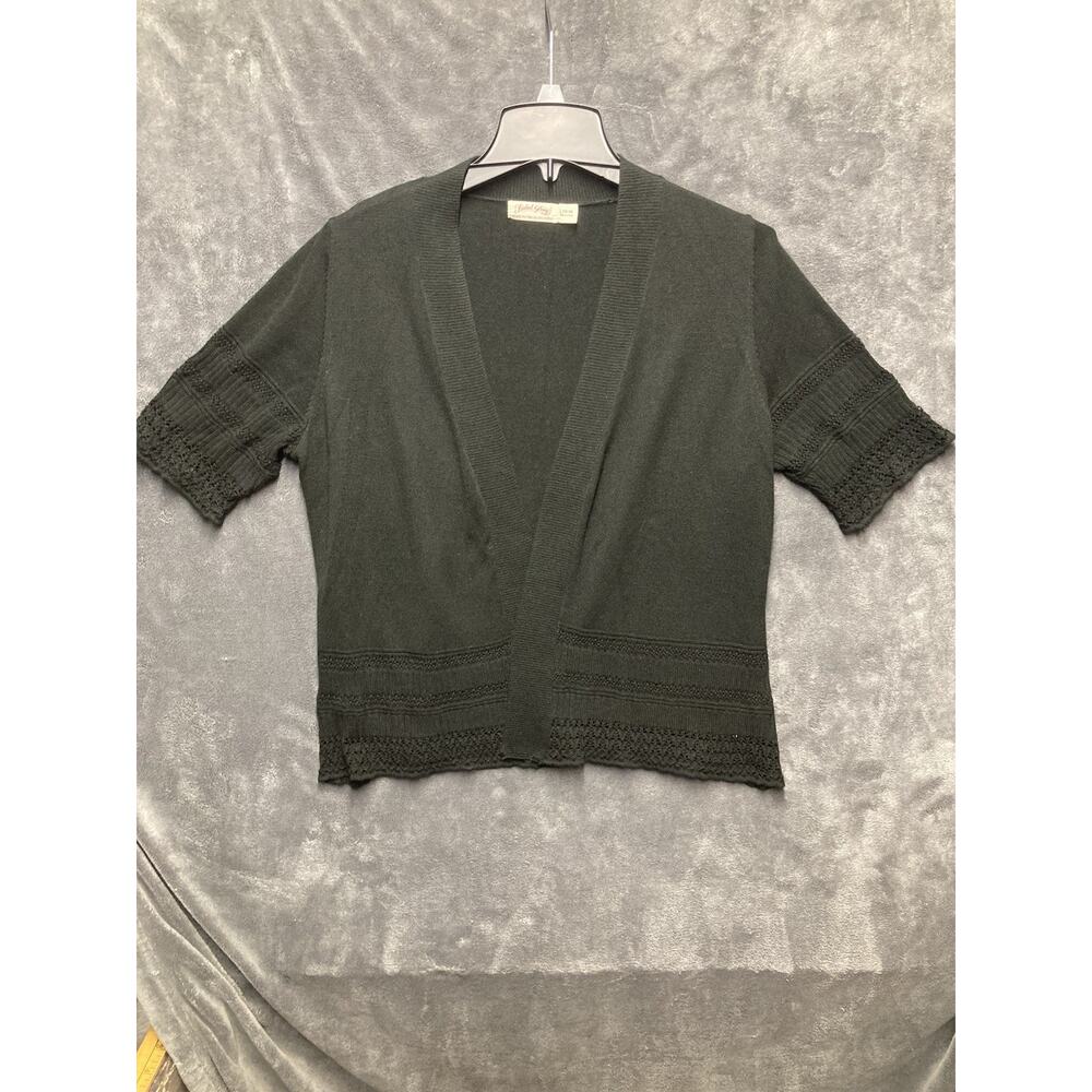 Crochet Open Front Bolero Cardigan L 12-14 Black Short Slv Boho Cottage Career